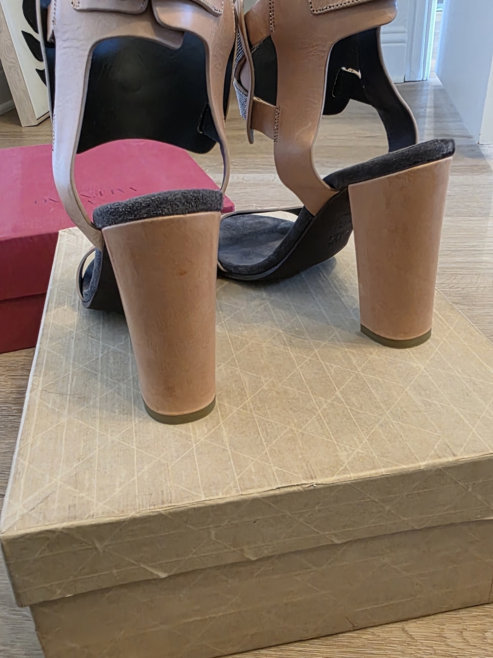Brunello Cucinelli Blush Leather Block Heel Sandals with Crystal Straps - Picture 4 of 10